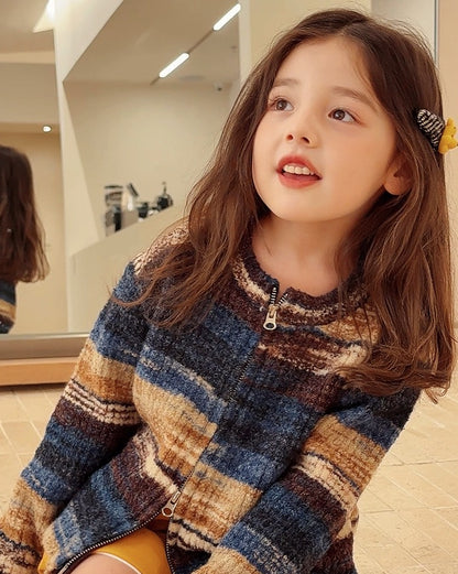 【100-160cm】ダブルジップ 配色ボーダーカーディガン