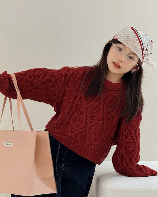 【100-160cm】クルーネック ケーブルニット