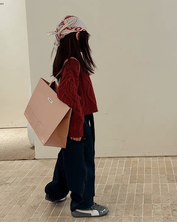 【100-160cm】クルーネック ケーブルニット