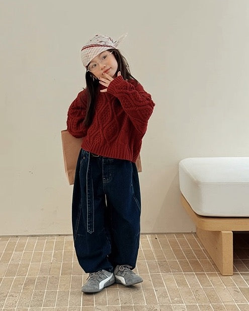 【100-160cm】クルーネック ケーブルニット