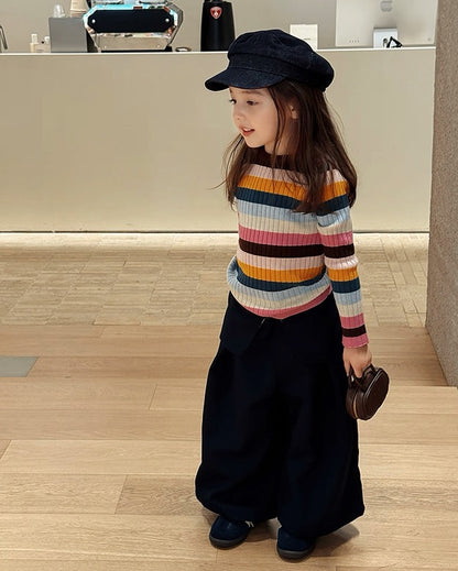 【100-160cm】カラフルボーダー リブトップス