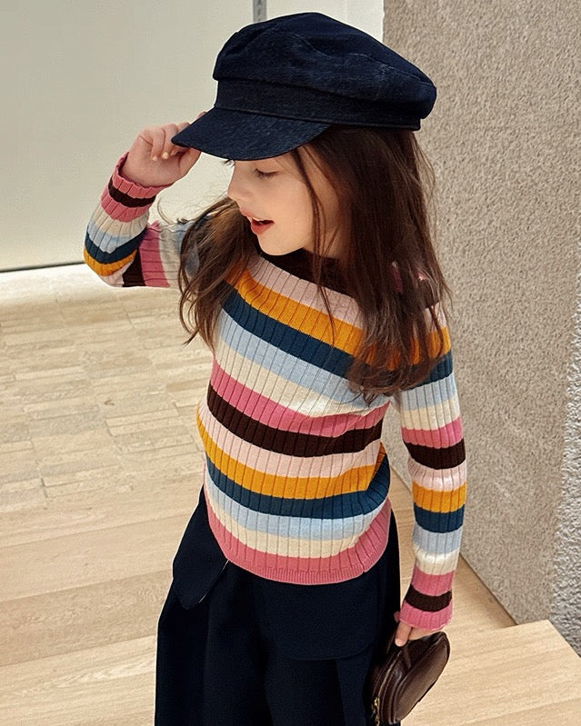 【100-160cm】カラフルボーダー リブトップス