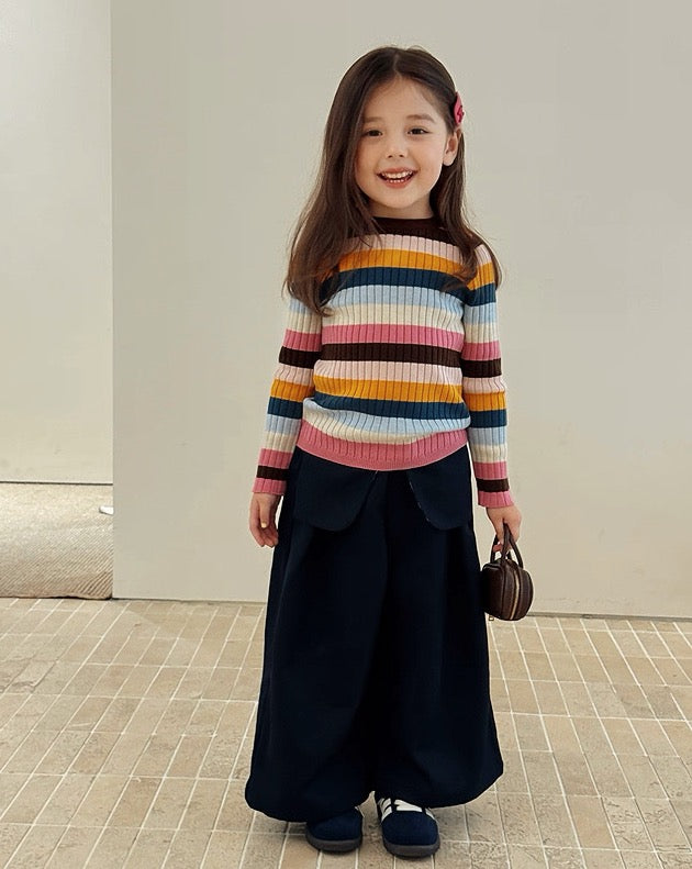 【100-160cm】カラフルボーダー リブトップス