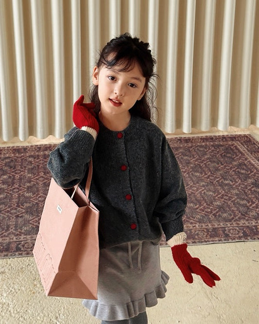 【100-160cm】レッドボタン ニットカーディガン