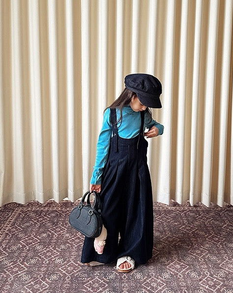 【100-160cm】バックプリーツ デニム ワイドパンツ サロペット