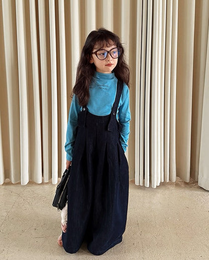 【100-160cm】バックプリーツ デニム ワイドパンツ サロペット