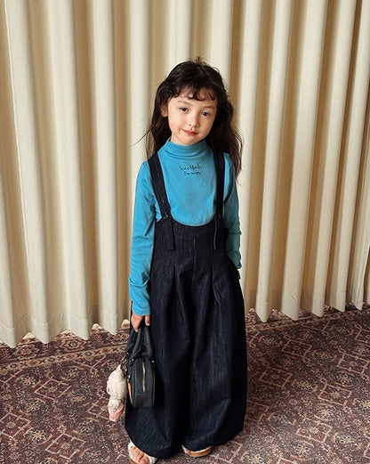 【100-160cm】バックプリーツ デニム ワイドパンツ サロペット