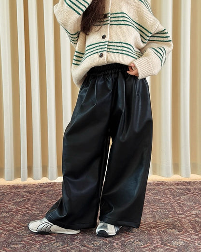 【100-160cm】フェイクレザー ワイドパンツ