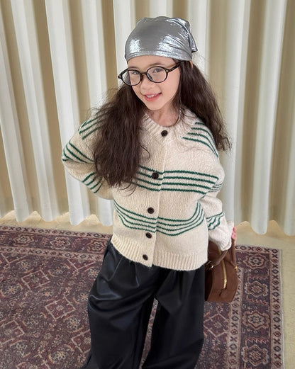 【100-160cm】アクリル ボーダー ニット カーディガン