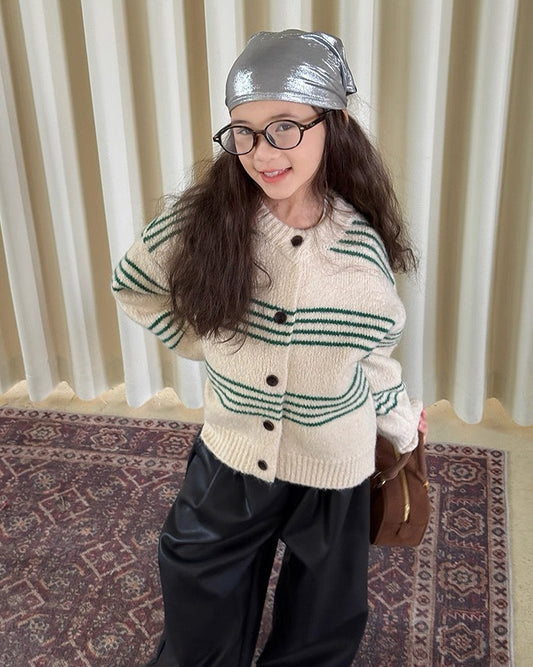 【100-160cm】アクリル ボーダー ニット カーディガン