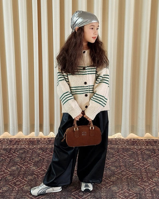 【100-160cm】アクリル ボーダー ニット カーディガン