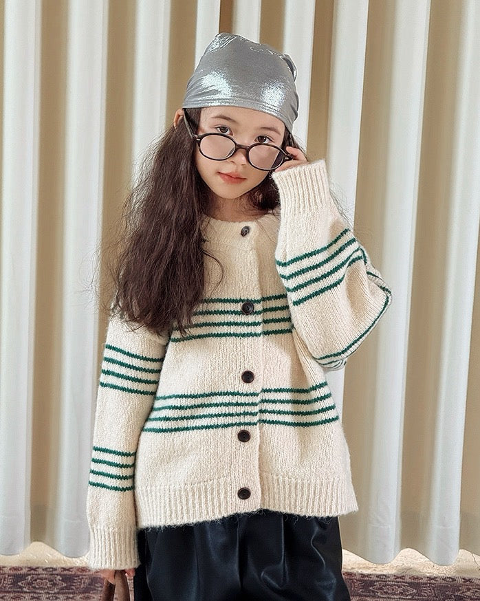 【100-160cm】アクリル ボーダー ニット カーディガン