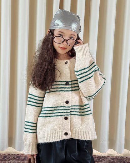 【100-160cm】アクリル ボーダー ニット カーディガン