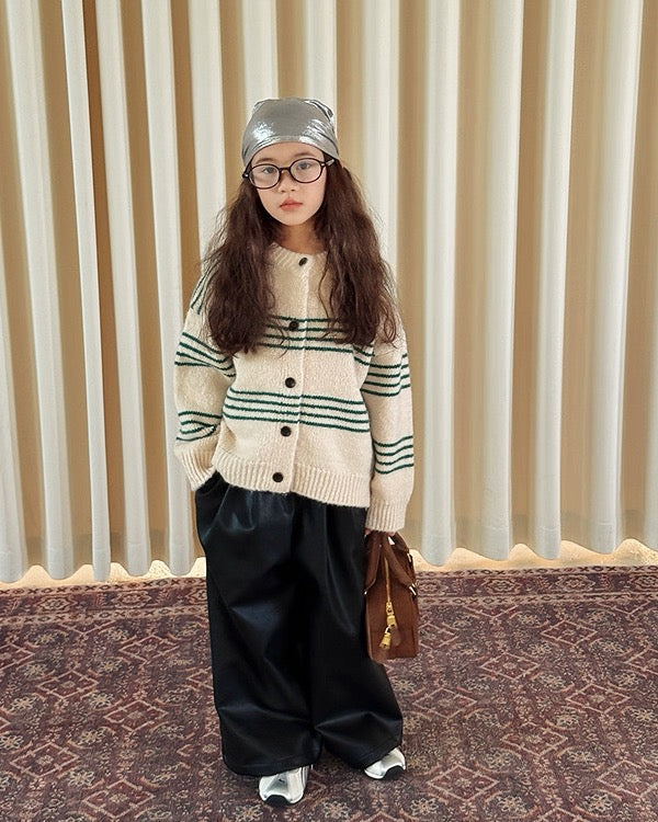 【100-160cm】アクリル ボーダー ニット カーディガン