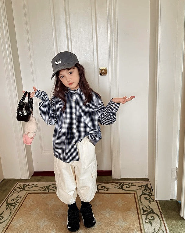 【100-160cm】親子お揃い ギンガムチェックシャツ