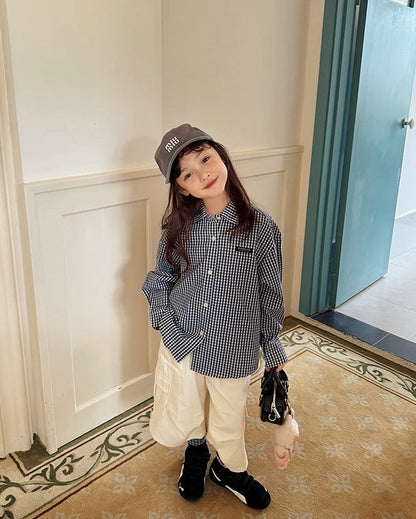 【100-160cm】親子お揃い ギンガムチェックシャツ