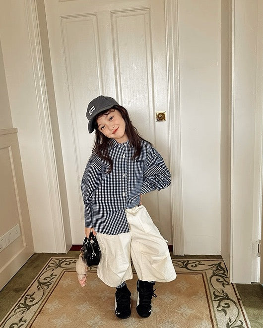 【100-160cm】親子お揃い ギンガムチェックシャツ