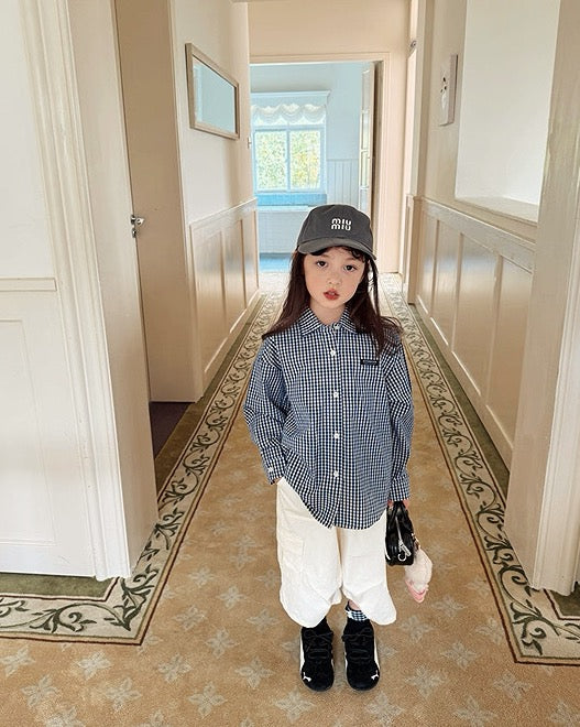 【100-160cm】親子お揃い ギンガムチェックシャツ