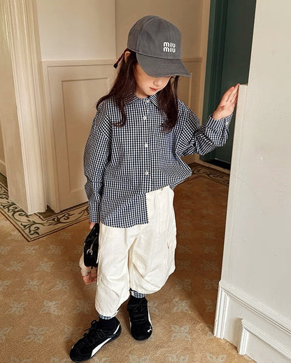 【100-160cm】親子お揃い ギンガムチェックシャツ