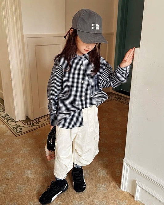 【100-160cm】親子お揃い ギンガムチェックシャツ