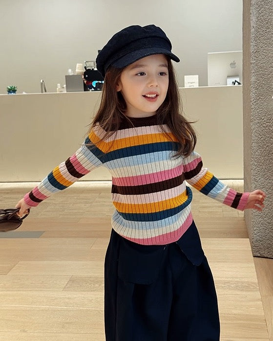 【100-160cm】カラフルボーダー リブトップス
