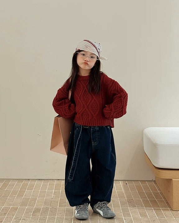 【100-160cm】クルーネック ケーブルニット