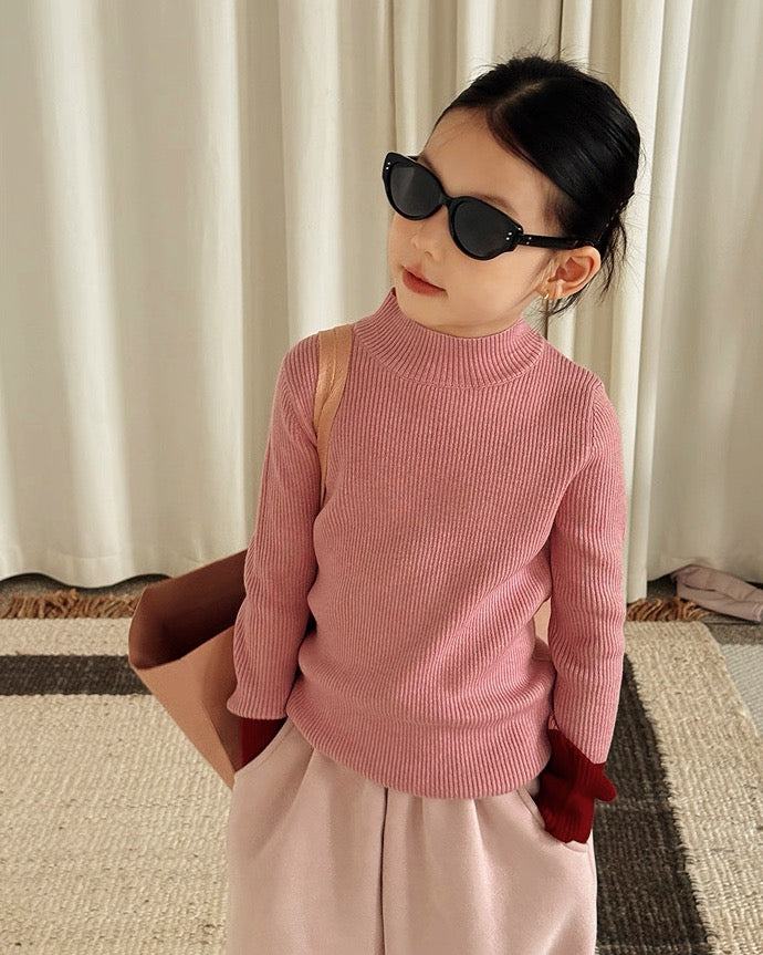 【100-160cm】バイカラーリブニットトップス