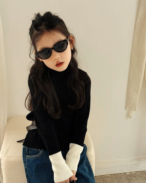 【100-160cm】バイカラーリブニットトップス