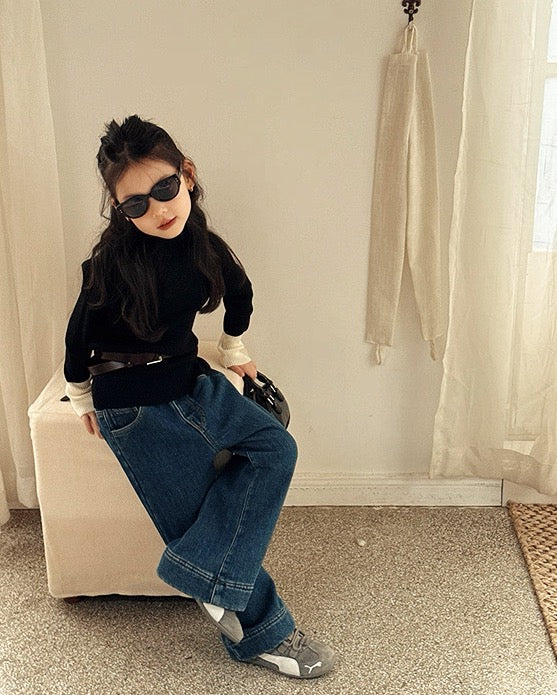 【100-160cm】バイカラーリブニットトップス