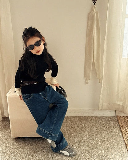 【100-160cm】バイカラーリブニットトップス