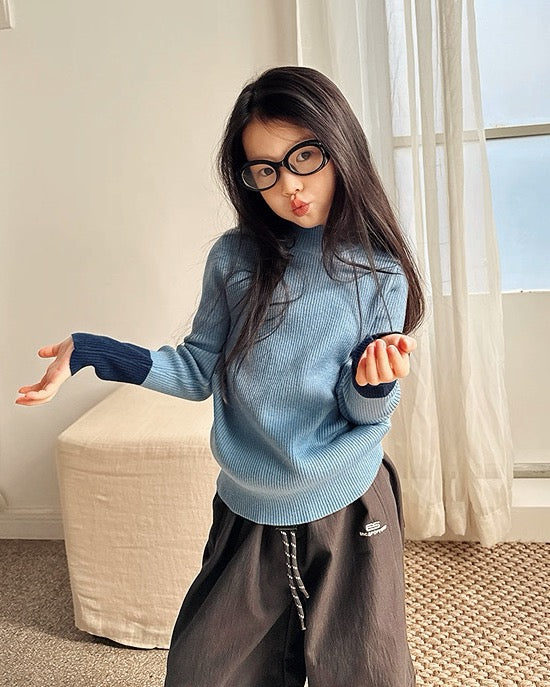 【100-160cm】バイカラーリブニットトップス