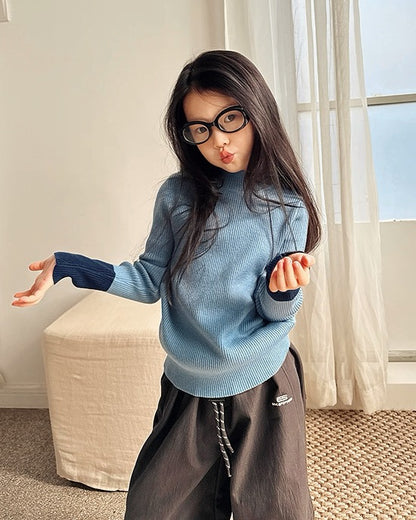 【100-160cm】バイカラーリブニットトップス