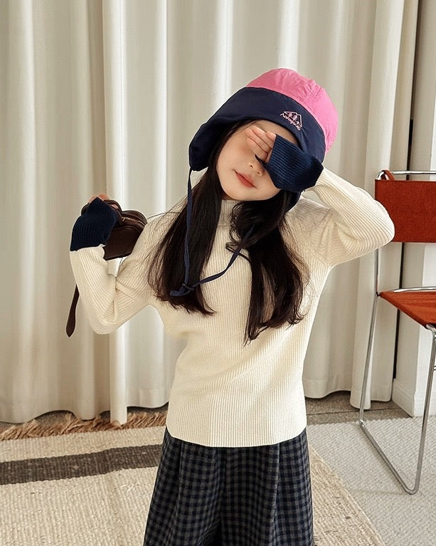 【100-160cm】バイカラーリブニットトップス