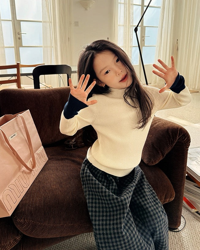 【100-160cm】バイカラーリブニットトップス