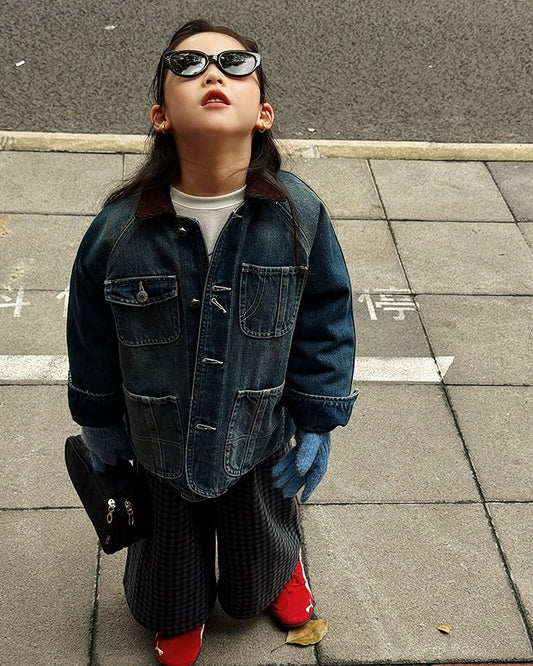 【100-160cm】親子お揃い コーデュロイカラーデニムジャケット