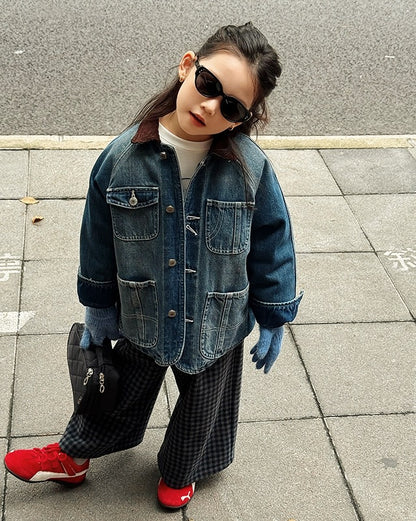 【100-160cm】親子お揃い コーデュロイカラーデニムジャケット