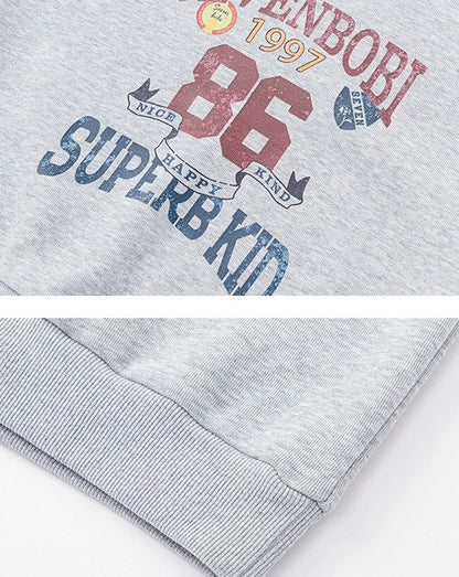 【100-160cm】カレッジ風プリント 裏ボアスウェットプルオーバー