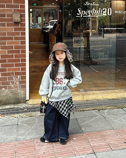 【100-160cm】カレッジ風プリント 裏ボアスウェットプルオーバー