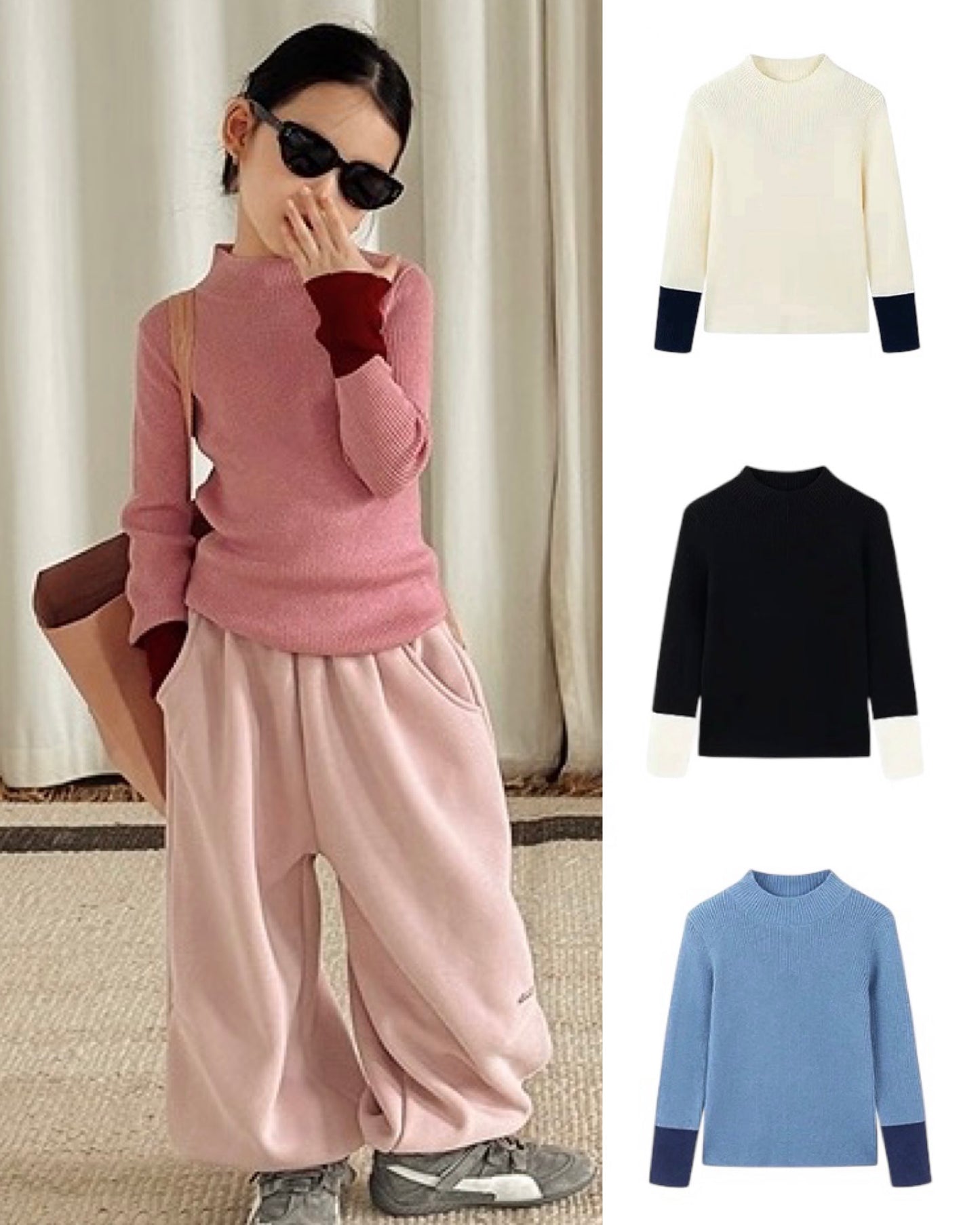 【100-160cm】バイカラーリブニットトップス