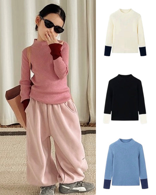 【100-160cm】バイカラーリブニットトップス