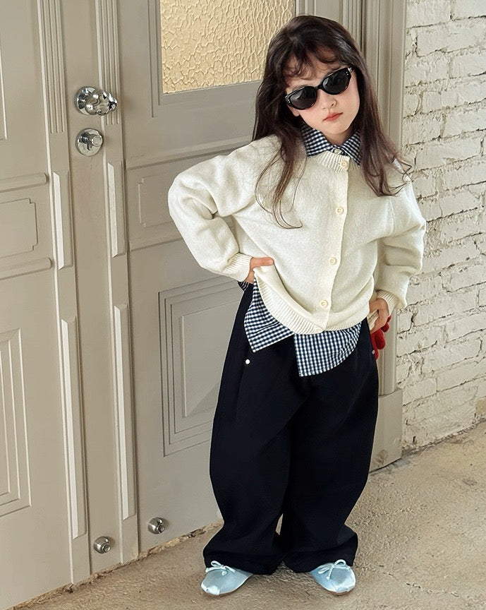 【100-160cm】親子お揃い クルーネックウールカーディガン