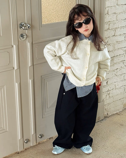 【100-160cm】親子お揃い クルーネックウールカーディガン