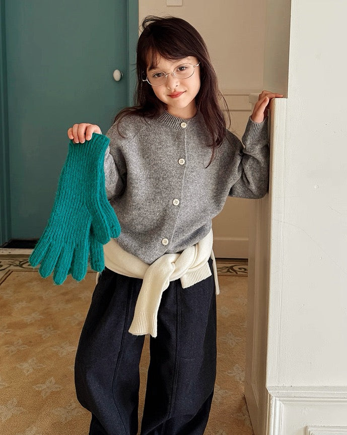 【100-160cm】親子お揃い クルーネックウールカーディガン