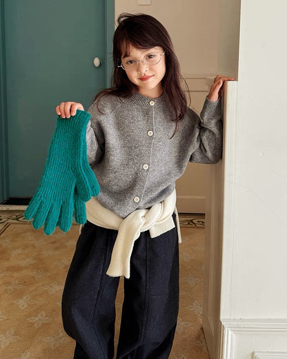 【100-160cm】親子お揃い クルーネックウールカーディガン