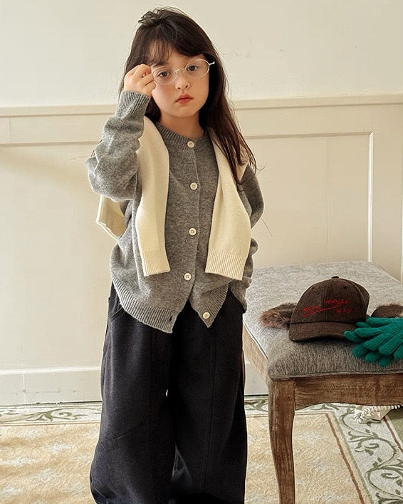 【100-160cm】親子お揃い クルーネックウールカーディガン