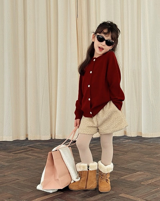 【100-160cm】親子お揃い クルーネックウールカーディガン