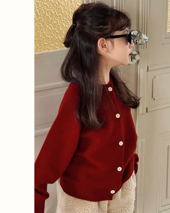 【100-160cm】親子お揃い クルーネックウールカーディガン