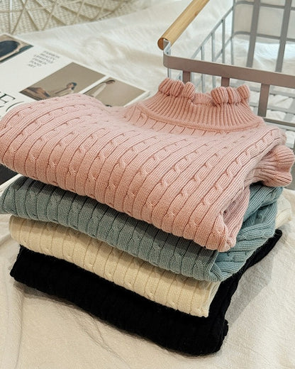 【100-160cm】スタンドカラーフリルリブニット