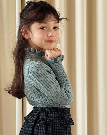 【100-160cm】スタンドカラーフリルリブニット