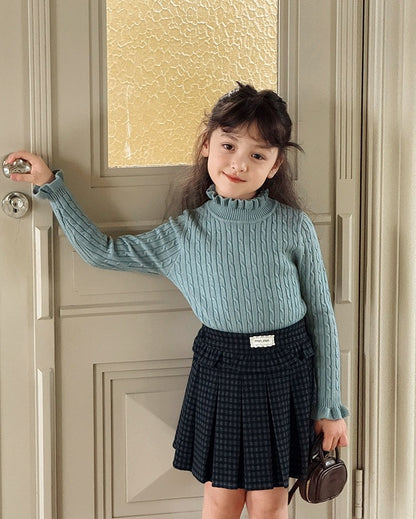 【100-160cm】スタンドカラーフリルリブニット